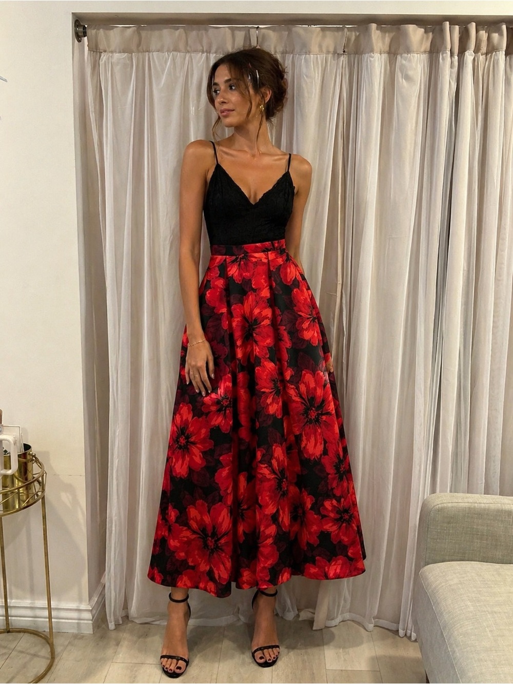 Windsor Black Bodice Red Floral Midi Dress